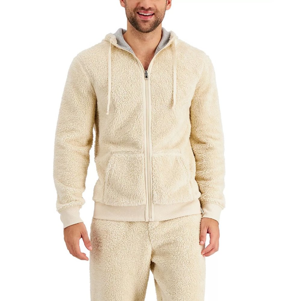 Club Room Men's Fleece Reversible Full Zip Pajama Hoodie Off White Size L $70